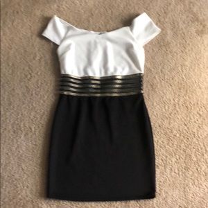 off the shoulder, white, black & gold dress.